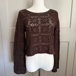 Brown Crochet Knit Sweater Top Size Small Boho